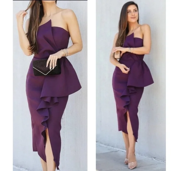 Elliatt Reception Cascade Ruffle Strapless Structured Cocktail Midi Dress Small - Picture 2 of 16